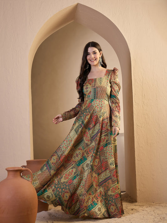 Ethnic Motifs Printed Square Neck Puff Sleeves Maxi Ethnic Dress