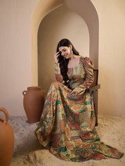 Ethnic Motifs Printed Square Neck Puff Sleeves Maxi Ethnic Dress