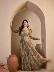 Ethnic Motifs Printed Square Neck Puff Sleeves Maxi Ethnic Dress
