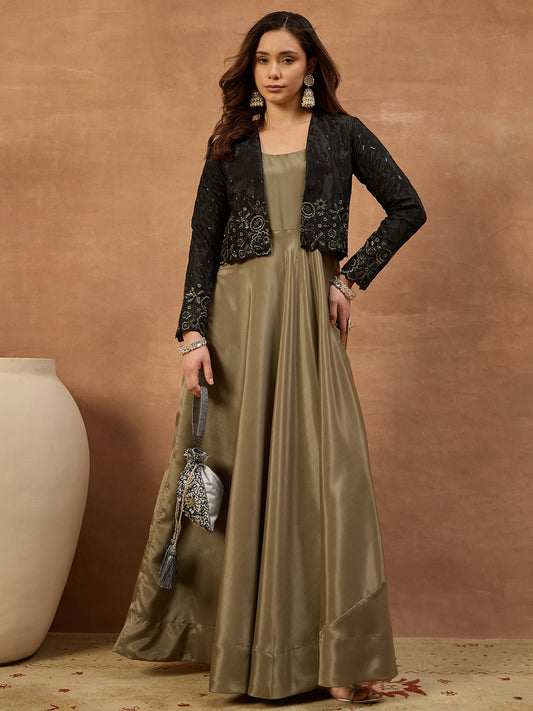 Women Floral Embroidered Thread & Sequinned Ethnic Dress With Jacket