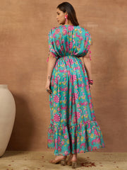 Women Floral Printed and Pleated Ethnic Dress.