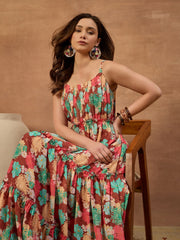 Floral Printed and Pleated Ethnic Dress