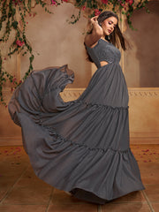 Embellished V-Neck A-Line Tiered Ethnic Dresses