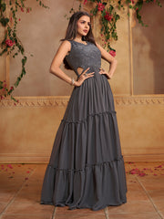Embellished V-Neck A-Line Tiered Ethnic Dresses
