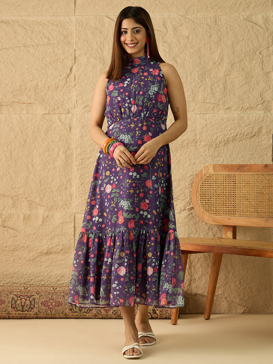 Floral Printed Halter Neck Fit & Flare Midi Dress