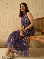 Floral Printed Halter Neck Fit & Flare Midi Dress