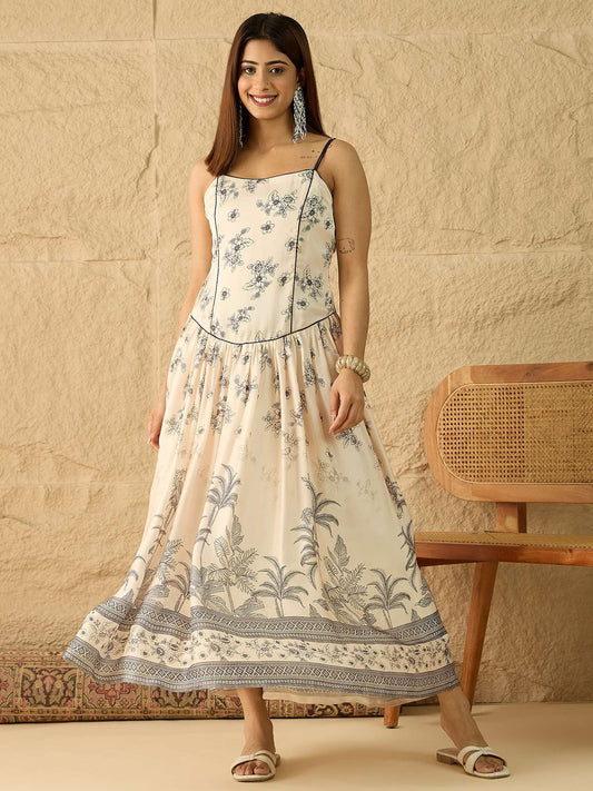 Printed Shoulder Straps Fit & Flare Ethnic Dresses