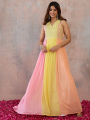 Colourblocked V-Neck A-Line Ethnic Dresses