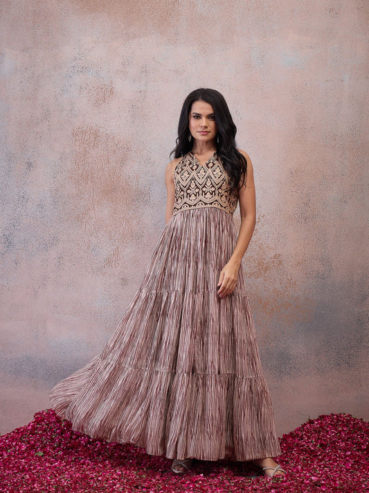 Embroidered & Printed V Neck Ethnic Dresse