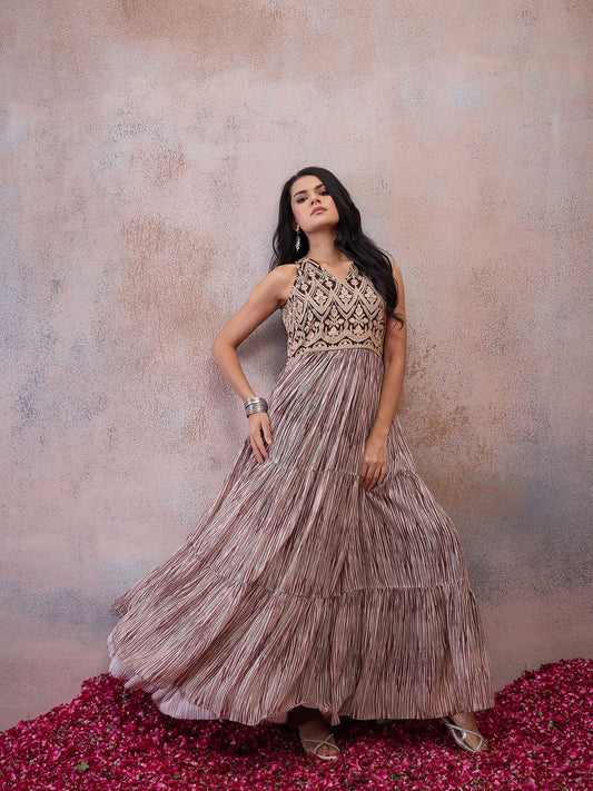 Embroidered & Printed V Neck Ethnic Dresse
