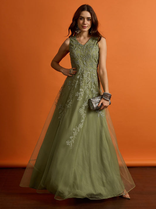 Embroidered V-Neck Gown Maxi Dress