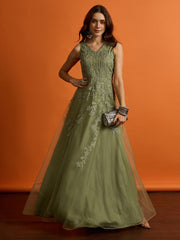 Embroidered V-Neck Gown Maxi Dress