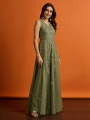 Embroidered V-Neck Gown Maxi Dress