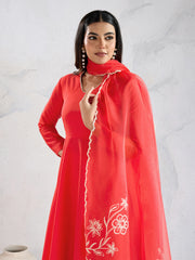 Women Floral Panelled Thread Work Kurta with Trousers & With Dupatta
