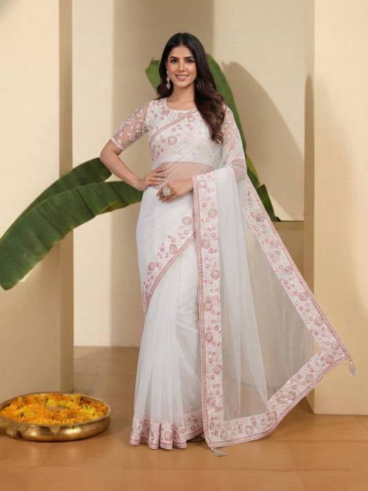 Floral Embroidered Net Saree