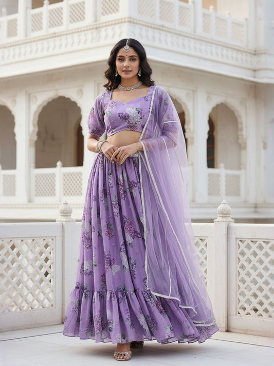 Printed Sequinned Semi-Stitched Lehenga & Blouse With Dupatta