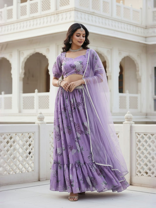 Printed Sequinned Semi-Stitched Lehenga & Blouse With Dupatta