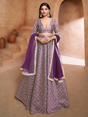 Purple and gold-toned Semi-Stitched Lehenga & Unstitched Blouse With Dupatta
