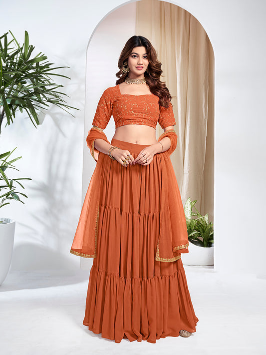 Embroidered Semi-Stitched Lehenga & Unstitched Blouse With Dupatta