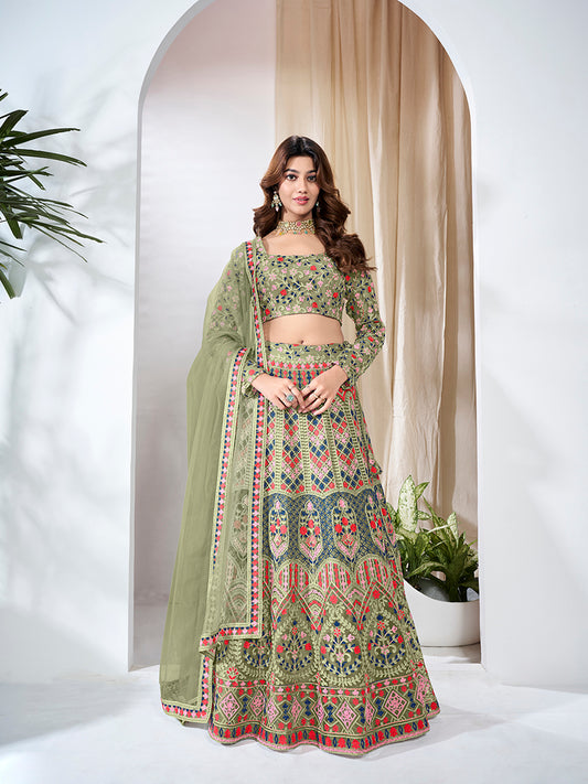 Embroidered Thread Work Semi-Stitched Lehenga & Blouse With Dupatta