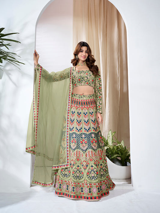 Embroidered Thread Work Semi-Stitched Lehenga & Unstitched Blouse With Dupatta