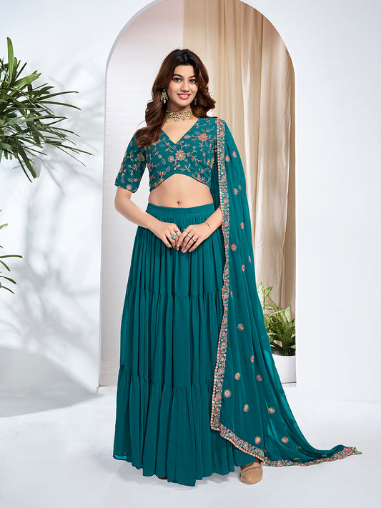 Embroidered Sequinned Semi-Stitched Lehenga & Blouse With Dupatta