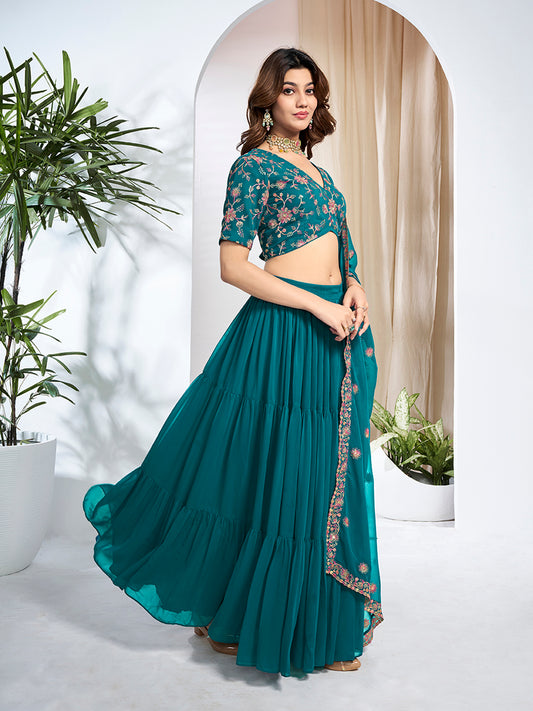 Embroidered Sequinned Semi-Stitched Lehenga & Blouse With Dupatta