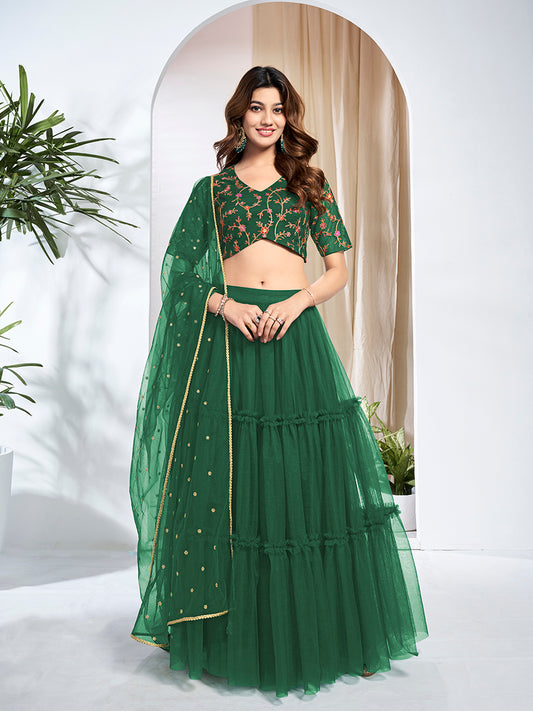 Embroidered Thread Work Semi-Stitched Lehenga & Unstitched Blouse With Dupatta