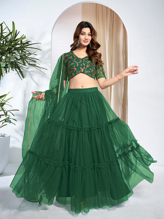 Embroidered Thread Work Semi-Stitched Lehenga & Blouse With Dupatta