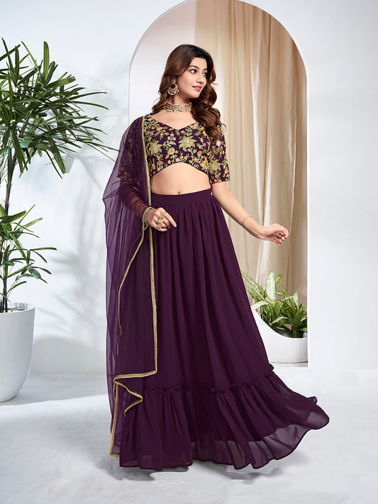 Embroidered Thread Work Semi-Stitched Lehenga & Unstitched Blouse With Dupatta