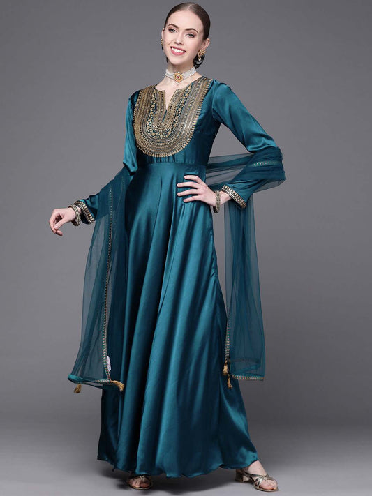 Women Teal Yoke Design Satin Anarkali Kurta
