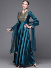 Women Teal Yoke Design Satin Anarkali Kurta