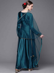 Women Teal Yoke Design Satin Anarkali Kurta