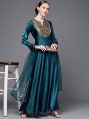 Women Teal Yoke Design Satin Anarkali Kurta