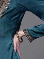 Women Teal Yoke Design Satin Anarkali Kurta