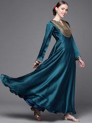 Women Teal Yoke Design Satin Anarkali Kurta