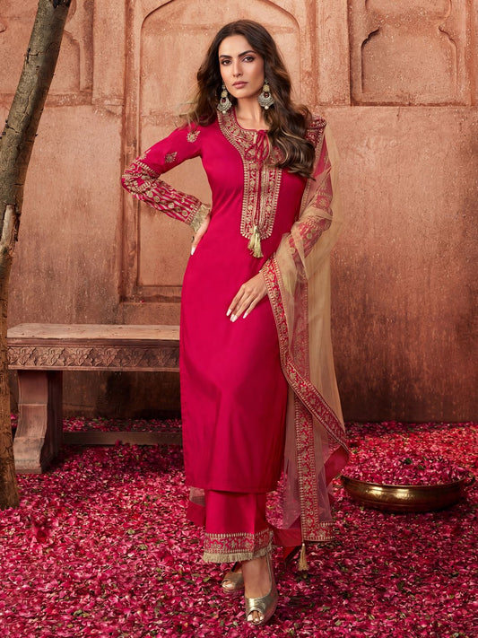 Magenta and Gold Embroidered Kurta Suit
