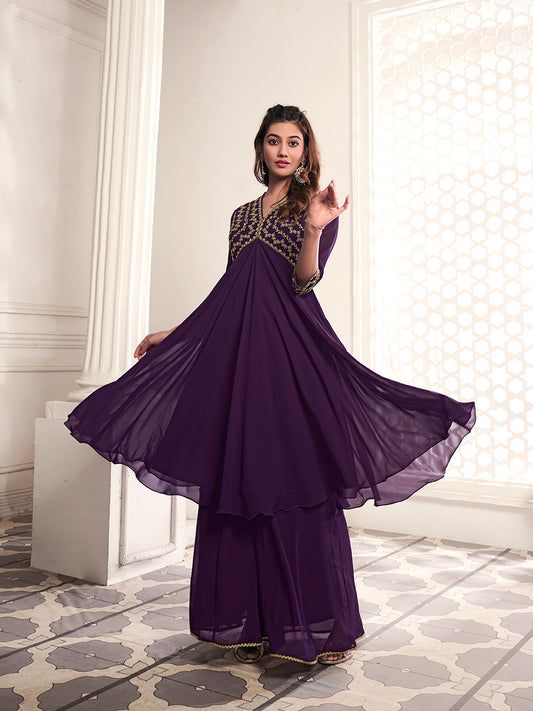 Floral Embroidered V-Neck Tunic With Palazzos