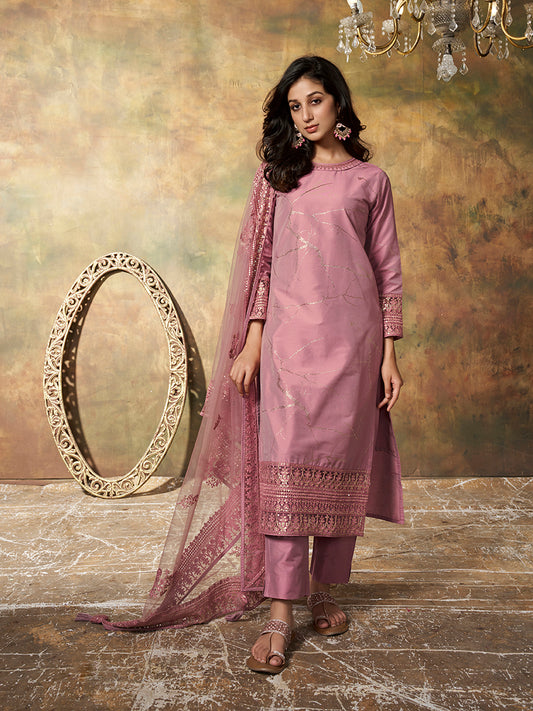 Women Abstract Printed and Sequinned Embroidered Kurta Set with Dupatta