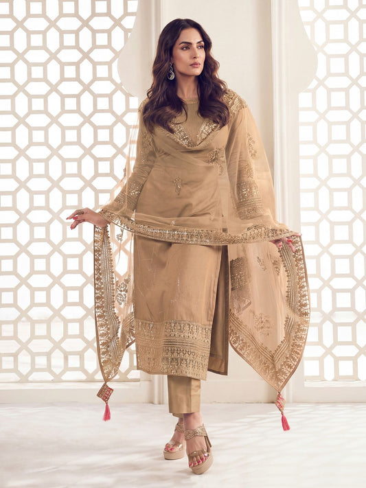 Beige Floral Thread and Sequines Embroidered Kurta Set