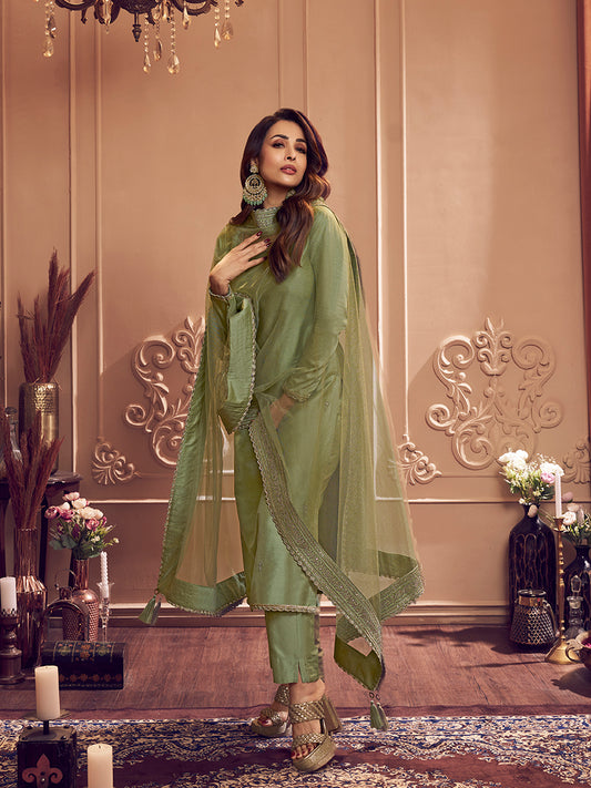 Women Embroidered Regular Sequinned Kurta with Trousers & With Dupatta