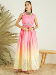 Pink Floral Printed Gathered Detailed Maxi Ethnic Dress With Belt