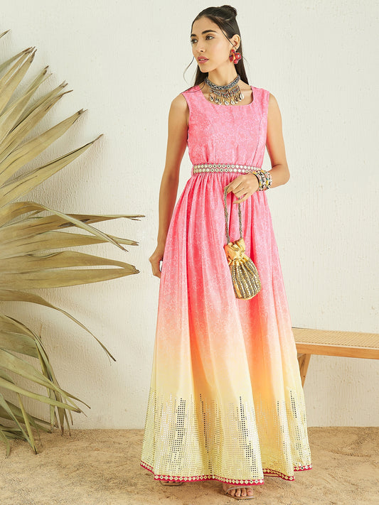 Pink Floral Printed Gathered Detailed Maxi Ethnic Dress With Belt