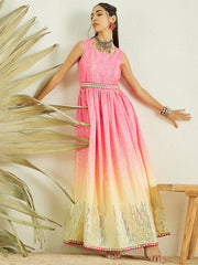 Pink Floral Printed Gathered Detailed Maxi Ethnic Dress With Belt