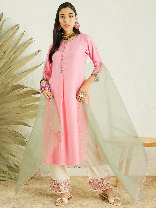 Pink Floral Yoke Design Thread Work Kurta & Palazzos With Dupatta