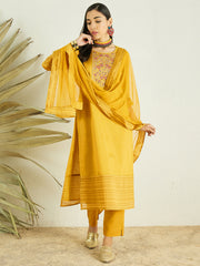 Mustard Yoke Design A-Line Thread Work Chanderi Cotton Kurta with Trousers & Dupatta