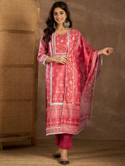Women Floral Printed Regular Chanderi Cotton Kurta with Trousers & With Dupatta