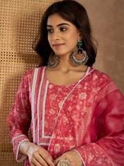 Women Floral Printed Regular Chanderi Cotton Kurta with Trousers & With Dupatta