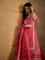 Women Floral Printed Regular Chanderi Cotton Kurta with Trousers & With Dupatta