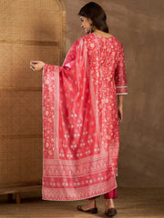 Women Floral Printed Regular Chanderi Cotton Kurta with Trousers & With Dupatta
